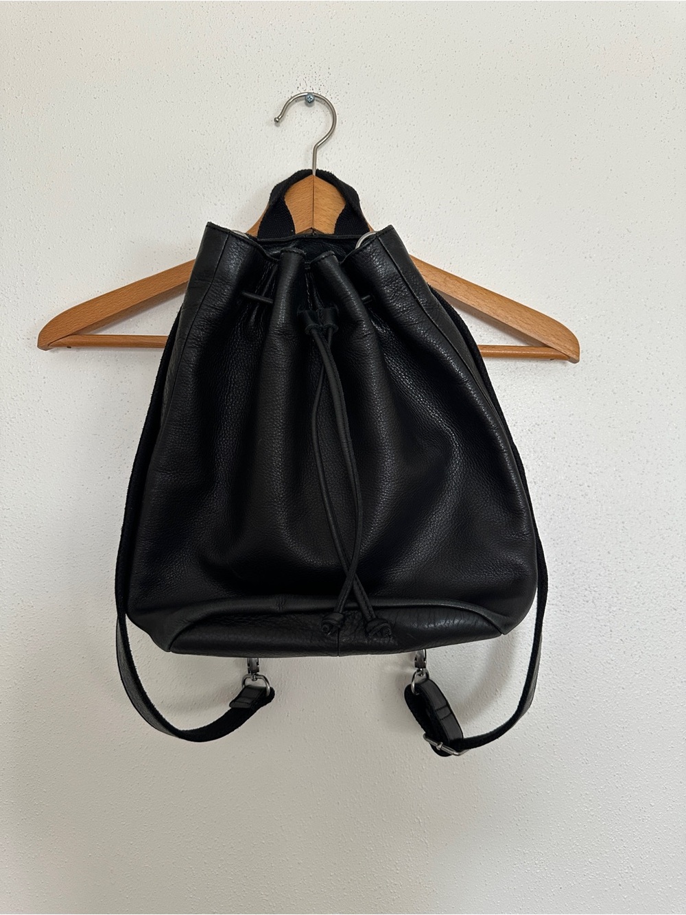 Minimal Black Leather Drawstring Backpack